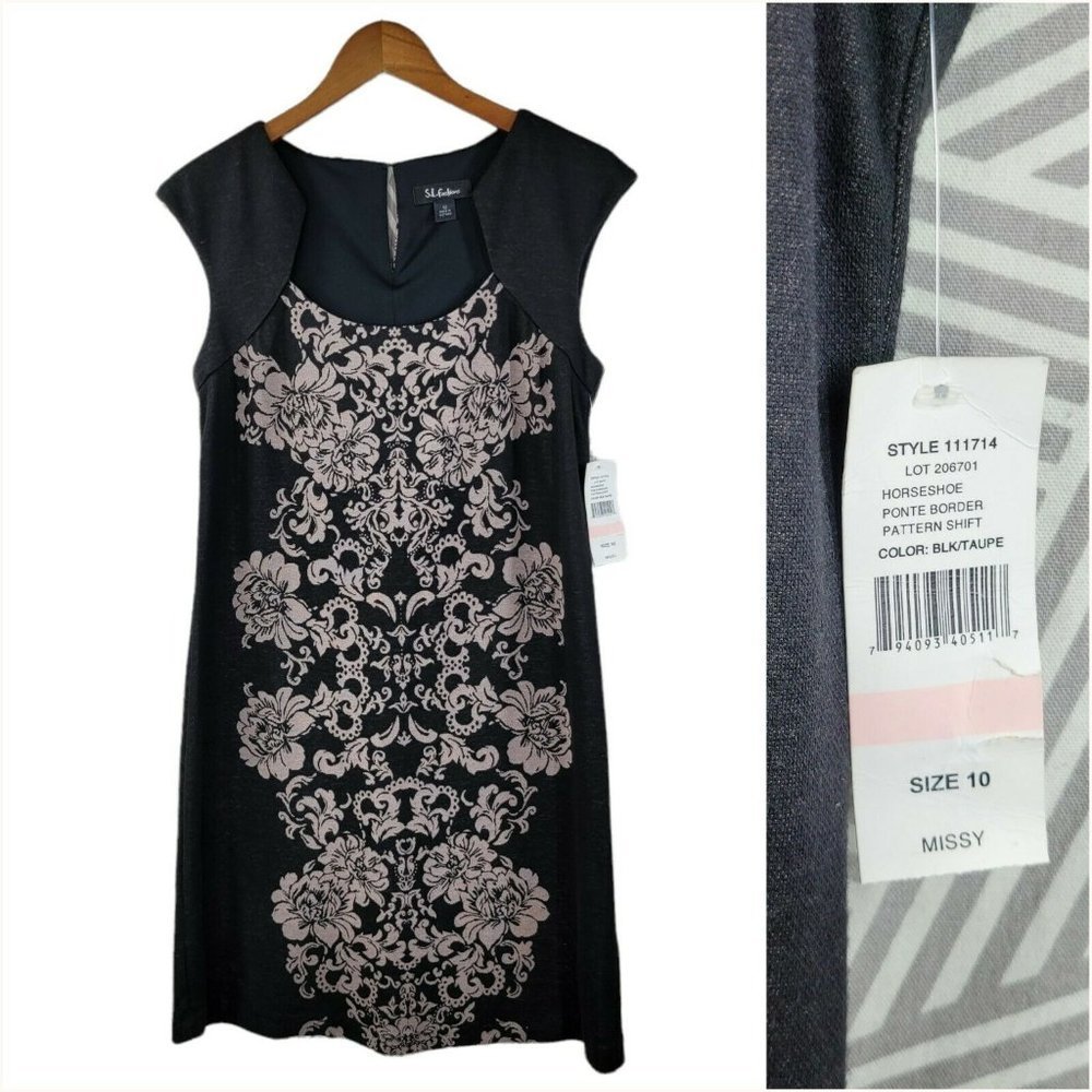 New SL Fashion Dress size 10 Sheath career Stretch party Floral Knit knee length